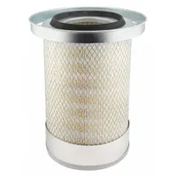 Engine air filter with round-oval shape and axial seal. Outside diameter 7 9/32 in. Compatible with John Deere farm equipment. Traps airborne contaminants to protect engines in agricultural applications