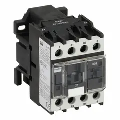 This non-reversing IEC contactor features 4 poles with 2 normally open and 2 normally closed contacts, rated at 25 A. The 24V AC coil enables remote switching of motors, lighting, and other industrial loads in machinery and HVAC systems. No integrated surge suppression is included.