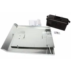 Plastic sidewall fan grease kit designed for wall-mounted centrifugal upblast direct and belt-drive exhaust fans. Includes hardware kit, curb cap support, and two windband support brackets. AMCA-listed. Used to contain grease in commercial kitchen and industrial exhaust systems.