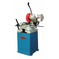 This manual cold saw operates at low speed for cutting metal stock. It accepts an 11 in (279 mm) blade diameter and runs on 110V AC power. Typical applications include cutting steel, stainless steel, and other ferrous materials in fabrication and maintenance settings.