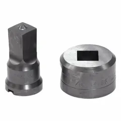 Square punch and die set for creating 21/32-inch square holes in metal. Compatible with Edwards ironworker models rated 55, 65, 100, and 120 tons. Used in structural steel fabrication and general metalworking.