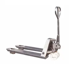 This corrosion-resistant pallet jack is constructed of steel and features narrow forks with a 48 in length and 21 in overall width, and an 8 in width between forks. It is suited for lifting and moving palletized loads in warehouses, distribution centers, and industrial facilities, particularly in damp or washdown environments where corrosion resistance is required.