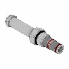 Screw-in solenoid cartridge valve with two-position, three-way configuration for C10-3 cavity size. Steel construction with polyurethane seals. Electrically actuated for flow direction control in hydraulic systems.