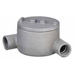 Aluminum N round body 90° elbow conduit outlet body with powder-coated finish. Threaded female hubs for use with threaded IMC. Includes cover and grounding screw. Rated for hazardous locations, CSA C22.2 No. 25 listed.