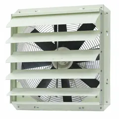 This corrosion-resistant shutter-mount exhaust fan features a fiberglass frame and a totally enclosed air-over motor. It delivers 3800 cfm at 1/3 hp on 115V AC single-phase power, with a single speed. Suitable for ventilating corrosive environments such as chemical processing areas or wastewater facilities.