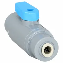This 1/4 in PVC ball valve is a straight, full port design with push x push connections. It provides manual on/off flow control in industrial piping systems handling water, air, or mild chemicals.