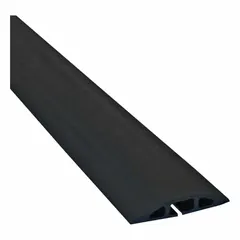 This flexible rubber cable floor cover manages and protects a single cable routed across floors. It reduces trip hazards and shields cables from foot traffic or light vehicle movement. Overall width 3 1/4 in, height 9/16 in, length 10 ft. Black rubber construction.