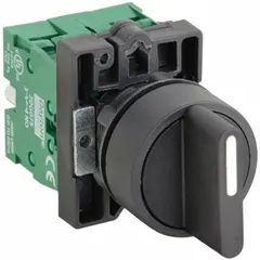 This non-illuminated selector switch features a plastic short-handled knob and non-metallic bezel for 22 mm panel mounting. It offers three positions with momentary/momentary/momentary action and On/Off/On switching functions. Rated 10 A at 600 V AC and 2.5 A at 600 V DC, it is suitable for industrial control panel applications requiring temporary contact, such as mode selection or jogging circuits.