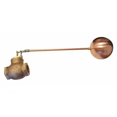 This general service float valve assembly automatically controls water levels in tanks, reservoirs, and cooling towers. It features a straight bronze valve body with female NPT connections on both sides, an adjustable arm, and includes the float and rod. Designed for horizontal piping, it delivers a flow rate of 175 gpm at 60 psi with a 1/4" NPT rod thread.