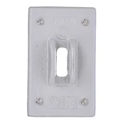 This single-gang weatherproof cover is made of aluminum with a gray finish. It is designed for use with FD series boxes and toggle switches, intended for vertical mounting. Suitable for protecting switches in outdoor or damp locations where weather resistance is required.