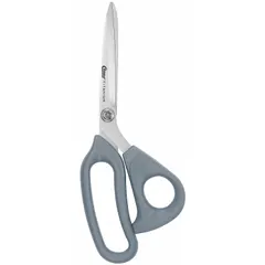 These 9-inch offset plastic-handle scissors feature a straight, titanium-bonded blade with a pointed tip. The ambidextrous handle and gray finish suit general cutting tasks such as fabric, paper, and light packaging.