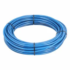 Metric polyurethane tubing with 6.5 mm ID, 10 mm OD, 100 ft length, and blue color. Hardness Shore A 90 to 95, maximum operating pressure 170 psi at 180°F. Suitable for pneumatic and fluid transfer applications in industrial automation and machine building.