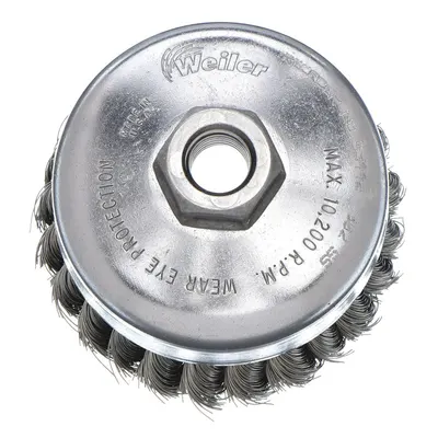 WEILER Cup Brush: Twisted Stainless Steel, 3 1/2 in Dia, 0.023 in Fill Dia - Heavy-Cleaning Brushes for Contoured Stainless Steel Surfaces