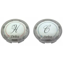 Clear acrylic faucet handle cap for cold water handle identification. Features blue text index. Suitable for use with compatible faucet handles in plumbing systems.
