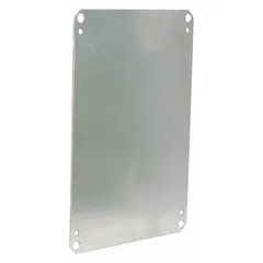 Galvanized steel back panel for mounting electrical components inside enclosures. Overall height 22.2 inches, overall width 18.2 inches. Provides a rigid surface for installing terminal blocks, relays, and other devices in control panels and distribution boards.