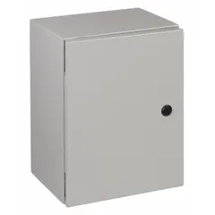 This WIEGMANN steel enclosure measures 20 x 16 x 8 inches and features a solid hinged cover secured by a 1/4-turn latch. Rated NEMA 12/13/3R/4, it is suitable for protecting electrical controls and instruments in environments requiring protection from dust, falling dirt, rain, and hose-directed water. No knockouts are provided.