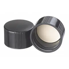 Black phenolic screw cap with rubber liner, sized for 33-430 mm closures. Autoclavable for sterile applications. Provides a secure, leak-proof seal for laboratory containers used in media storage, sample transport, and general containment.