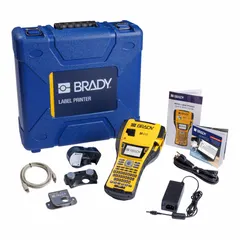 Portable handheld label printer with 1" print width for cable and wire labeling. Includes battery, hard case, indoor/outdoor vinyl label cartridge (M4C-1000-595-WT-BK), and Brady Workstation Product and Wire ID Software Suite. No wireless connectivity.