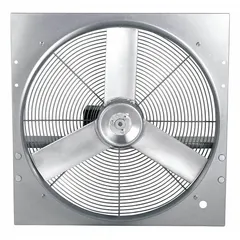 Standard direct-drive panel exhaust fan with 20-inch blade, 1/4 hp motor delivering 3,456 cfm. Operates on 115/230V AC single-phase power. Features a totally enclosed air-over motor with Class B insulation, galvanized steel frame, stamped construction, and intake guards. Suitable for general ventilation in industrial and commercial facilities.