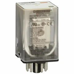 Socket-mounted relay with 3PDT contact configuration, rated 10 A at 120V AC. Features an octal base with round pins and 11-pin terminal connection. Suitable for switching and control applications in industrial panels and machine control circuits.