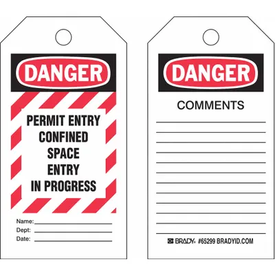 BRADY Tags: Black/Red/White, Cable Tie, 25 Tags, Confined Space, English, Write on Surface - Danger/Permit Entry Confined Space Entry In Progress Name: Dept: Date: / Danger/Comments Tags