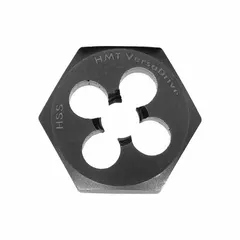 Hex die nut for threading or rethreading metric bolts and studs. The hex shape enables use with impact wrenches for faster operation in industrial maintenance, fabrication, and repair applications.