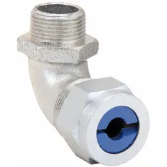 This 90° metallic cable grip secures and seals liquid-tight flexible metal conduit at a box connection. It features a steel body with silver finish, 3/4 in MNPT box connection, and accepts cord diameters from 0.38 in to 0.50 in. Rated IP66 and Class I, Division 2 for hazardous locations, with a blue color-coded grommet for identification.