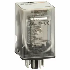Socket-mounted relay with octal base and round pins, rated 10 A at 12V DC. DPDT contact configuration with 8-pin terminal connection. Suitable for switching and controlling loads in industrial automation panels and machine control applications.