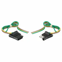 This 4-way rubber electrical plug is designed for connecting lighting and auxiliary circuits between a towing vehicle and trailer. It features 16 ga wire gauge and is a wire-type connector for custom installation. Suitable for utility trailers and light-duty towing applications.