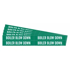 Green adhesive pipe markers with white legend reading 'Boiler Blow Down'. Each marker fits pipe outer diameters from 3/4 to 2-3/8 inches. Pack includes 4 markers without arrows. Used to identify boiler blow-down lines in industrial piping systems.