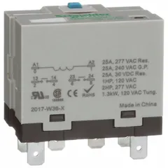 Socket-mounted relay from the Harmony 725 Power Series with a square base and plug-in mounting. Features a 12V DC coil, DPST-NO contact configuration, and 25 A current rating at 277V AC resistive load. Quick-connect terminals for easy wiring. Suitable for switching high-current loads in industrial control panels and automation equipment.