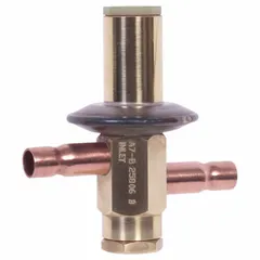 Thermostatic expansion valve for R-134A refrigerant systems. Nominal capacity of 3 tons. Features 3/8 inch female ODF connections. Used to regulate refrigerant flow into evaporators based on superheat in commercial and industrial refrigeration and HVAC systems.