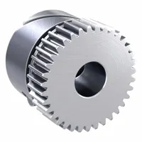 Stainless steel spur gear with 35 teeth, module 0.5, 6 mm bore, and locking hub. 20° pressure angle, JIS N8 precision. Suitable for motion transfer in industrial machinery and automation systems requiring corrosion resistance