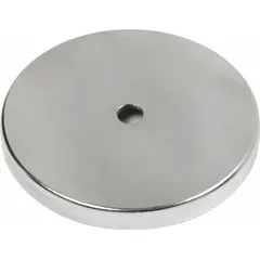 Cup-style ceramic magnet with a 0.438 in thickness and 3 3/16 in outside diameter. Encased design delivers a max pull force of 110 lbf. Used for industrial holding, fixturing, workholding, and material handling applications.