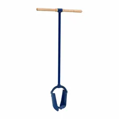 This steel soil auger has a 4 in diameter and 3 3/4 ft overall length, with a 3/4 in connection secured by rivets. It includes a wood handle for manual operation. Used for soil sampling and digging in agricultural, environmental, and construction applications.