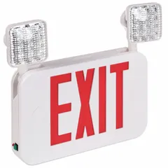 White plastic exit sign with two red LED faces and universal field-selectable chevrons. Operates on 120/277V AC and includes a nickel cadmium battery backup. Designed for ceiling or wall mounting in commercial egress pathways.
