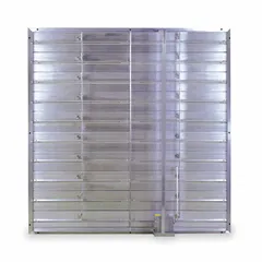Rectangular motorized control damper with flat aluminum blades, 57 in height and width, 12 3/4 in length, and 1 1/2 in flange width. Operates on 24V DC with normally open switch action, rated for maximum air velocity of 3500 fpm. Used in HVAC and ventilation systems for airflow regulation in ducts or enclosures.
