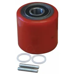 This load wheel kit is a direct replacement component for compatible pallet jack models. It restores mobility and load-bearing function in material handling equipment. The kit includes red load wheels suitable for use in warehouses and distribution centers.