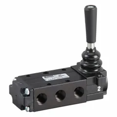 Four-way, two-position spool valve with manual return and lever actuator. Aluminum body with 1/4 in female NPT ports. Used to manually direct compressed air flow in pneumatic systems, such as controlling double-acting cylinders or actuators.