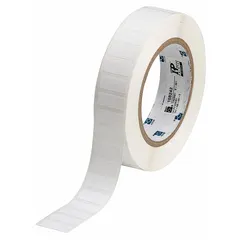 White autoclavable polyester precut label roll measuring 3/8 in by 29/32 in. Rated for continuous use from -112°F to 266°F, suitable for sterilization processes. Requires IP-R6406 ribbon and is compatible with THT printer series. Used for durable identification in industrial environments.
