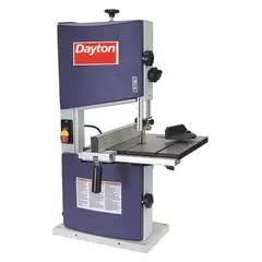 This vertical band saw is designed for wood-cutting applications, offering a 9-1/2 in throat depth and a blade speed of 2,900 SFPM. The saw head tilts from 0° to 45° for angled cuts. It operates on 120V AC, single-phase power.