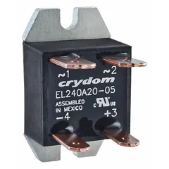 Panel-mounted solid state relay with DC input and SCR AC output. Rated for 24 to 280V AC output voltage and 20 A maximum output current. Features Form A (SPST-NO) switch configuration and quick-connect terminals. Used for switching AC loads in industrial control panels and automation systems.