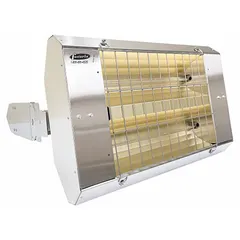 This FOSTORIA suspended infrared radiant heater delivers 3200 W of directional warmth using a quartz lamp element. It operates on 277V AC, single phase, and is hardwired with a silver stainless steel housing measuring 24 x 15 x 11 inches. Suitable for spot heating in industrial facilities, warehouses, and loading docks.