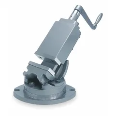 This Dayton 2-axis tilting milling machine vise features smooth jaw faces and a maximum jaw opening of 6 inches with a throat depth of 1 3/4 inches. It is designed for securely clamping workpieces at compound angles during milling, drilling, and grinding operations in metalworking and industrial manufacturing settings.