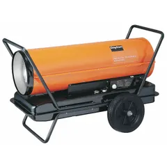 This direct-fired portable heater is designed for temporary heating of large indoor or semi-enclosed spaces such as construction sites, warehouses, and workshops. It features a wheeled mounting for easy positioning and a thermostat for temperature control. The 29-gallon tank provides up to 10 hours of operation per filling, covering a heating area of 8,500 sq ft. Overall dimensions are 32-7/8 in H x 52-1/2 in L x 31-7/16 in D.