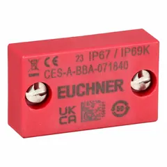 Non-contact safety switch actuator using RFID technology. Measures 0.98 in x 1.65 in. Designed for use with EUCHNER transponder safety switches to monitor guard positions in industrial machinery safety circuits.