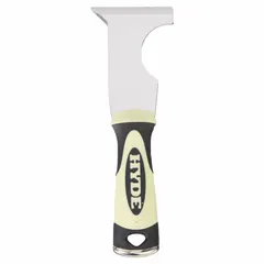 This standard painter's multi-tool features a carbon steel blade with a 3-1/4 in length and 2-1/2 in width. The plastic handle provides a comfortable grip. Suitable for scraping, prying, and opening paint cans during painting and surface preparation tasks.