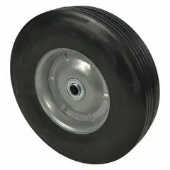 Solid rubber wheel with 10-inch diameter, designed for material handling applications such as carts, dollies, and industrial platforms. Fits Dayton brand equipment.