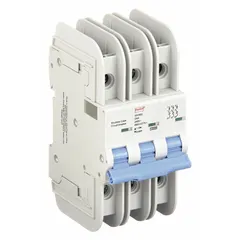 This 3-pole miniature circuit breaker features a D-curve trip characteristic for high-inrush loads such as motors and transformers. Rated 4 A with a maximum interrupting capacity of 10 kA at 480 V AC, it uses lug terminals for wiring. UL489 listed for branch circuit protection, it mounts on standard DIN rail for use in industrial control panels and distribution boards.