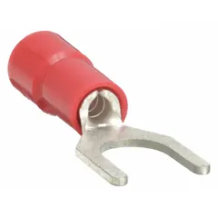 Red vinyl-insulated fork terminal with funnel-entry barrel. Accepts 22 AWG to 16 AWG wire for #10 stud connections. Rated 600 V. Standard fork design allows easy disconnect without removing the nut.